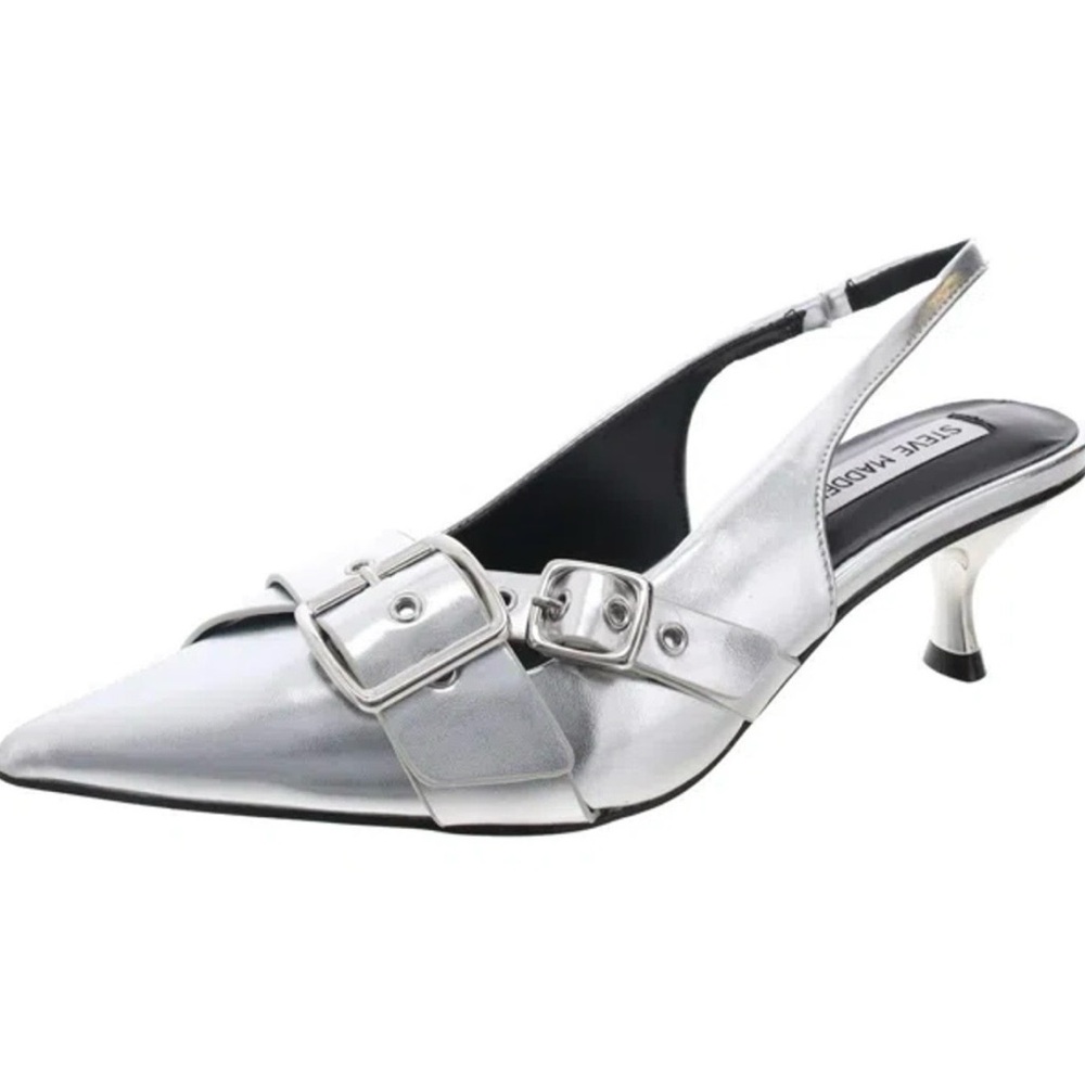 Steve Madden Lezley Metallic Silver Pointed Slingback Buckle Kitten Heel